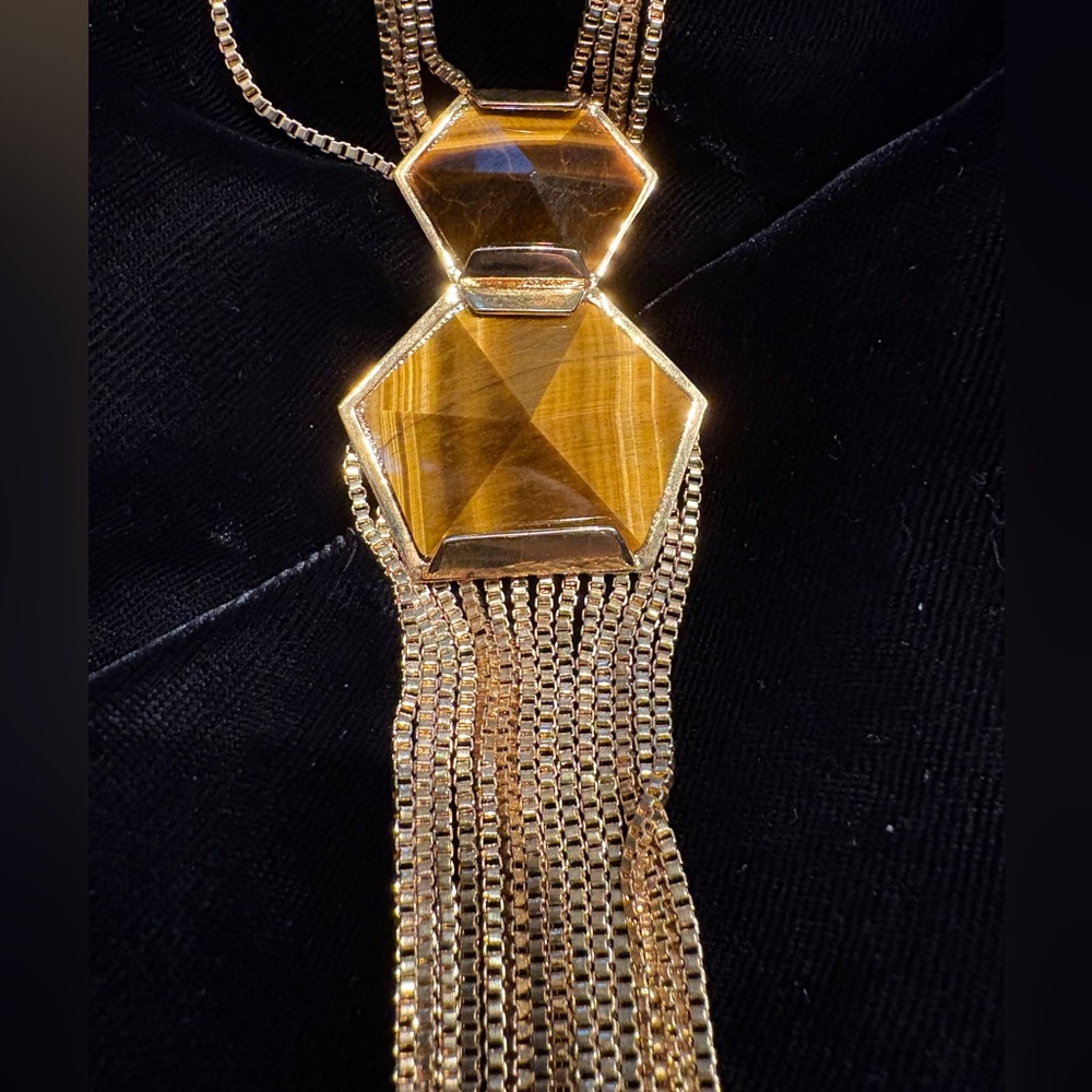 Vince Camuto Tigers Eye Necklace 🐅 💛 Pendant Statement Gold Chain Tassels 🐅